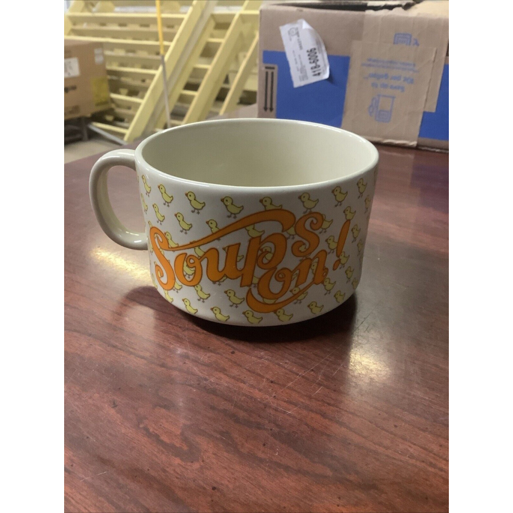 Vintage "Soups On" Ceramic Mug Chicken Typography Japan